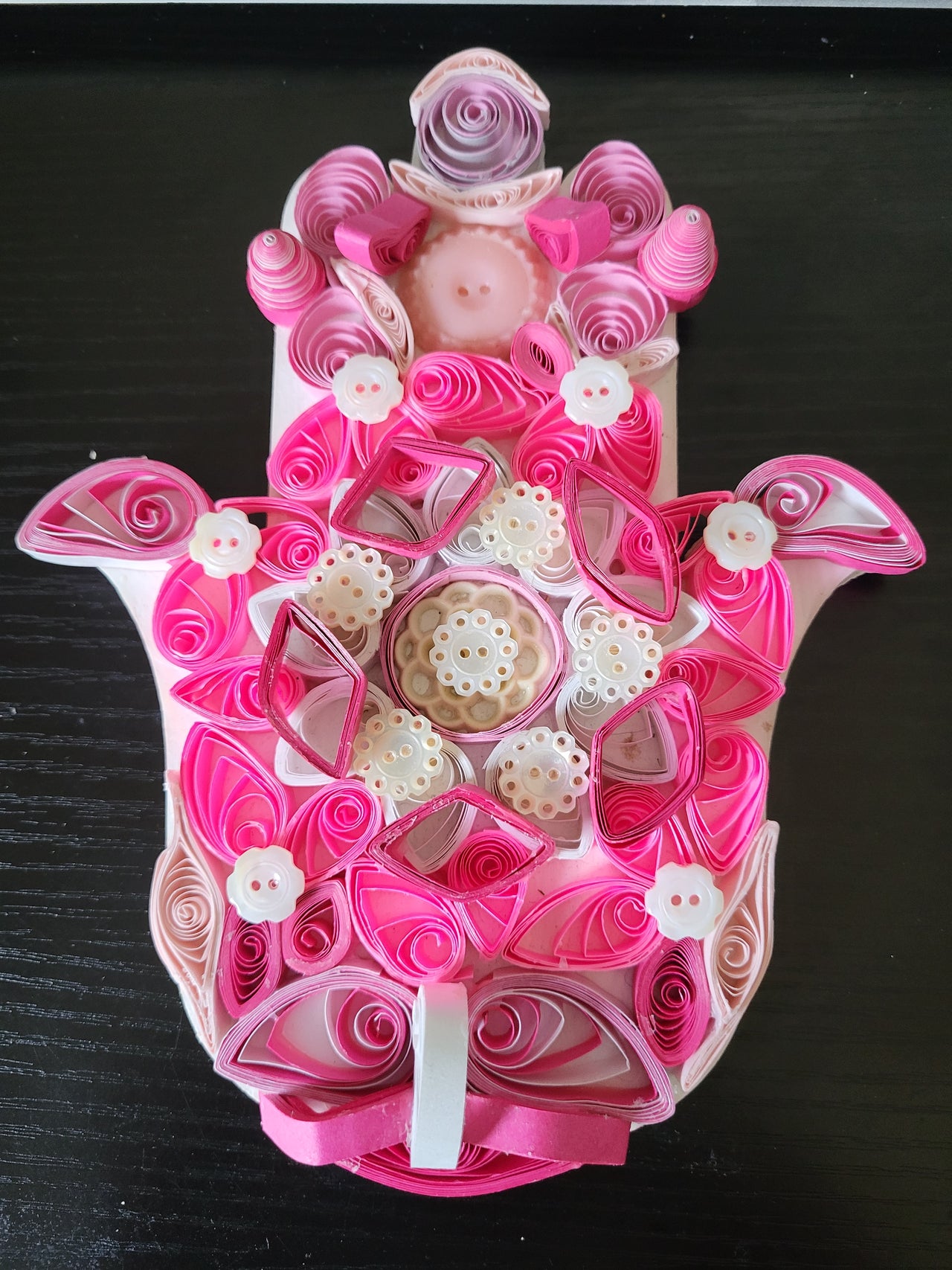 Quilled Hamsa pink white mother of pearls buttons