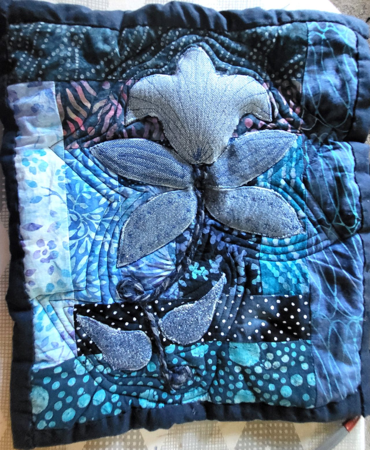 Batik blue recycled denim flower wall hanging