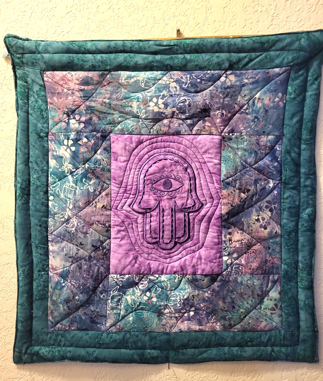 Evil Eye Hamsa / Hand of G-d batik teal purple blue wall hanging