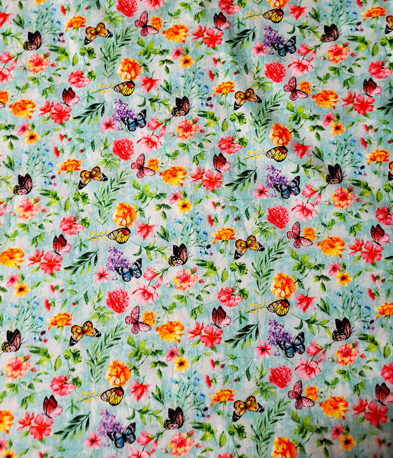 Butterflies and flowers greenery cotton sewing quilting fabric bhy oop light green background