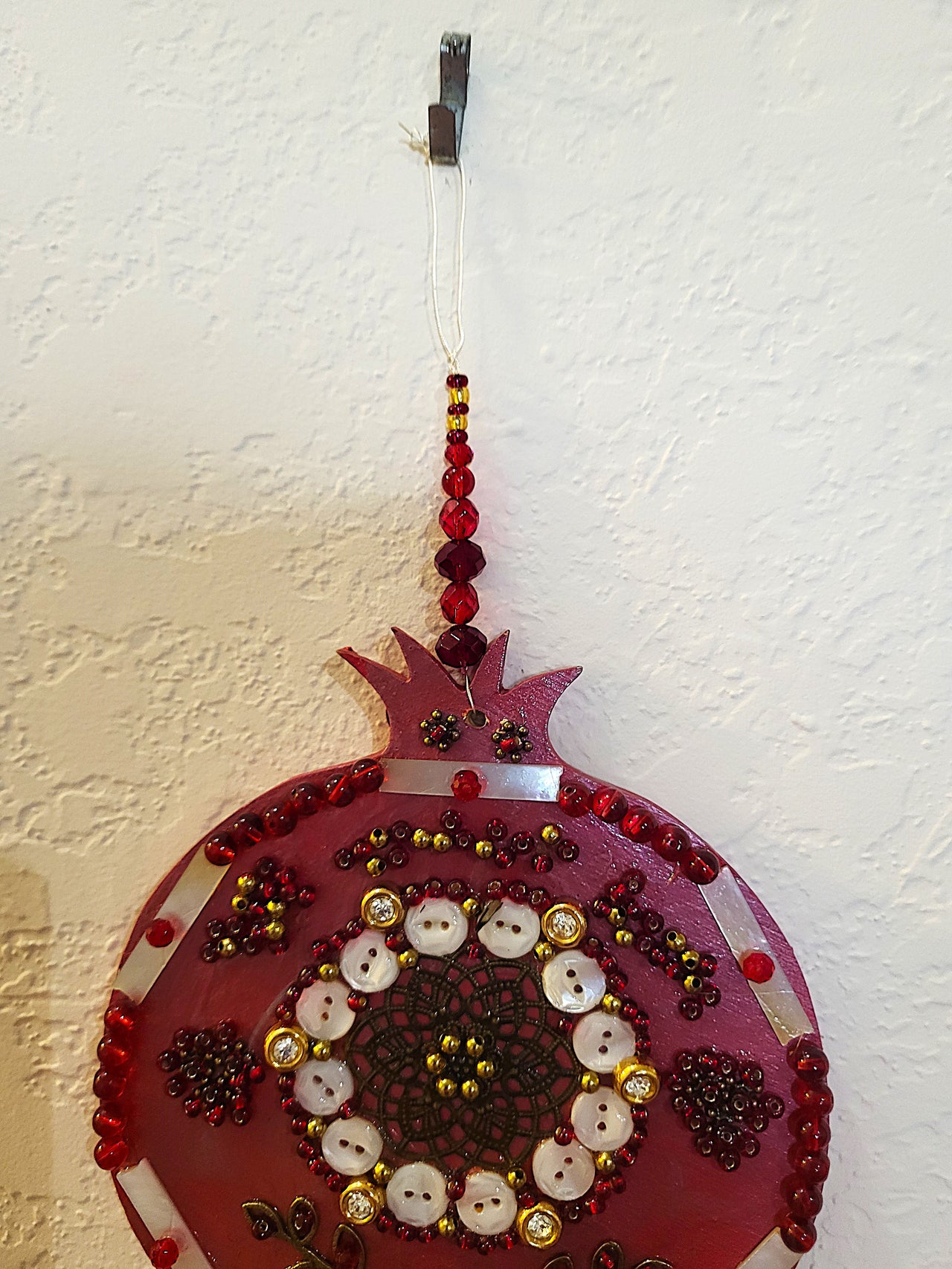 Pomegranate pearls and glass beads and buttons
