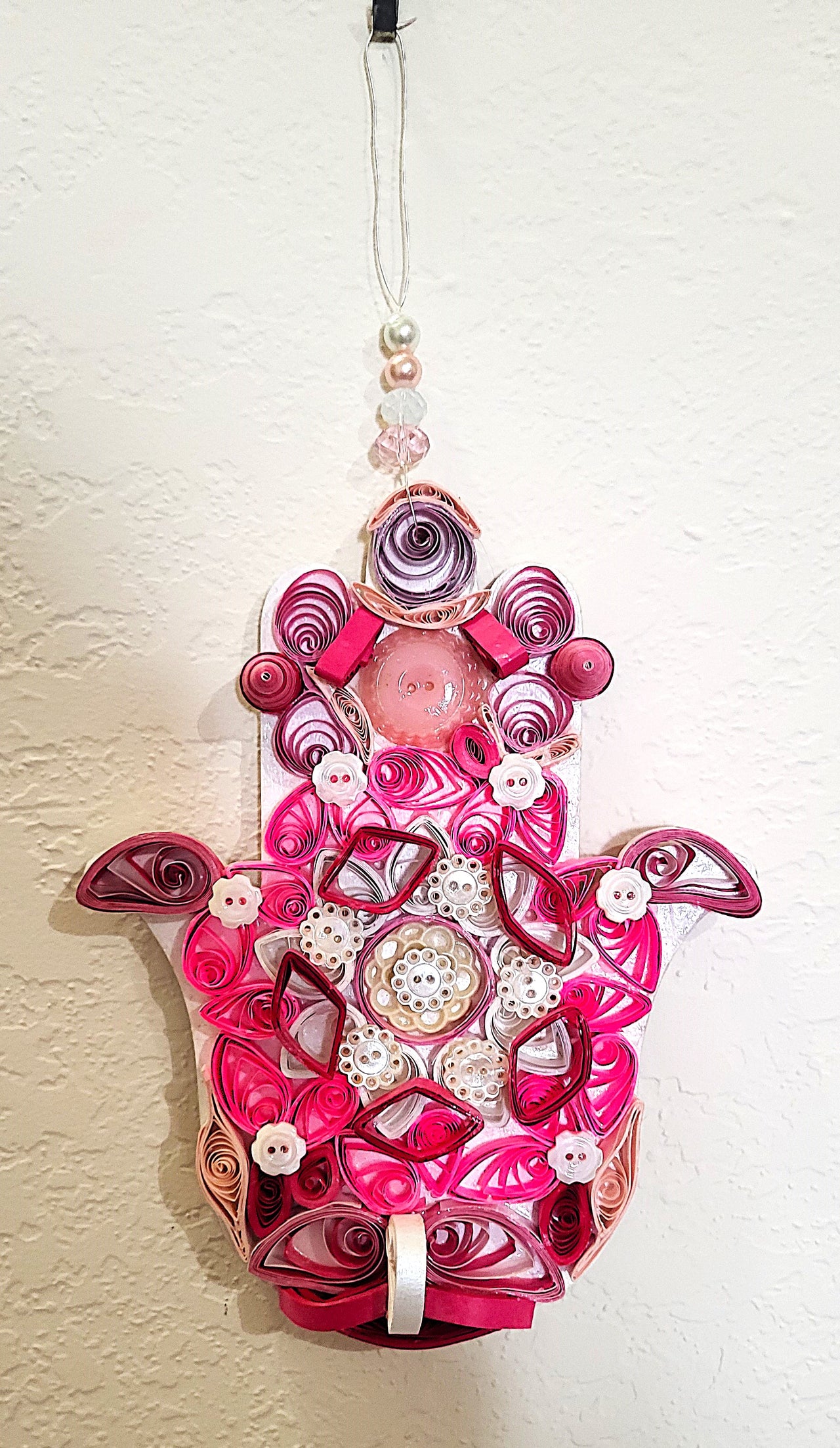 Quilled Hamsa pink white mother of pearls buttons