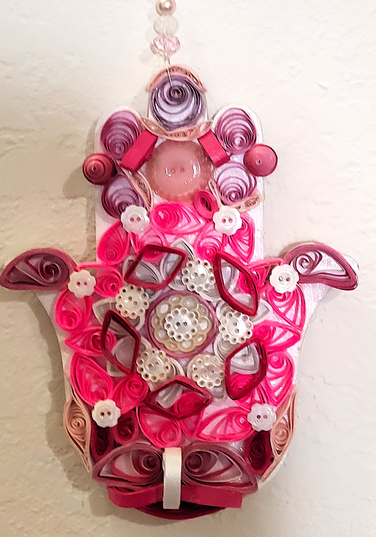 Quilled Hamsa pink white mother of pearls buttons