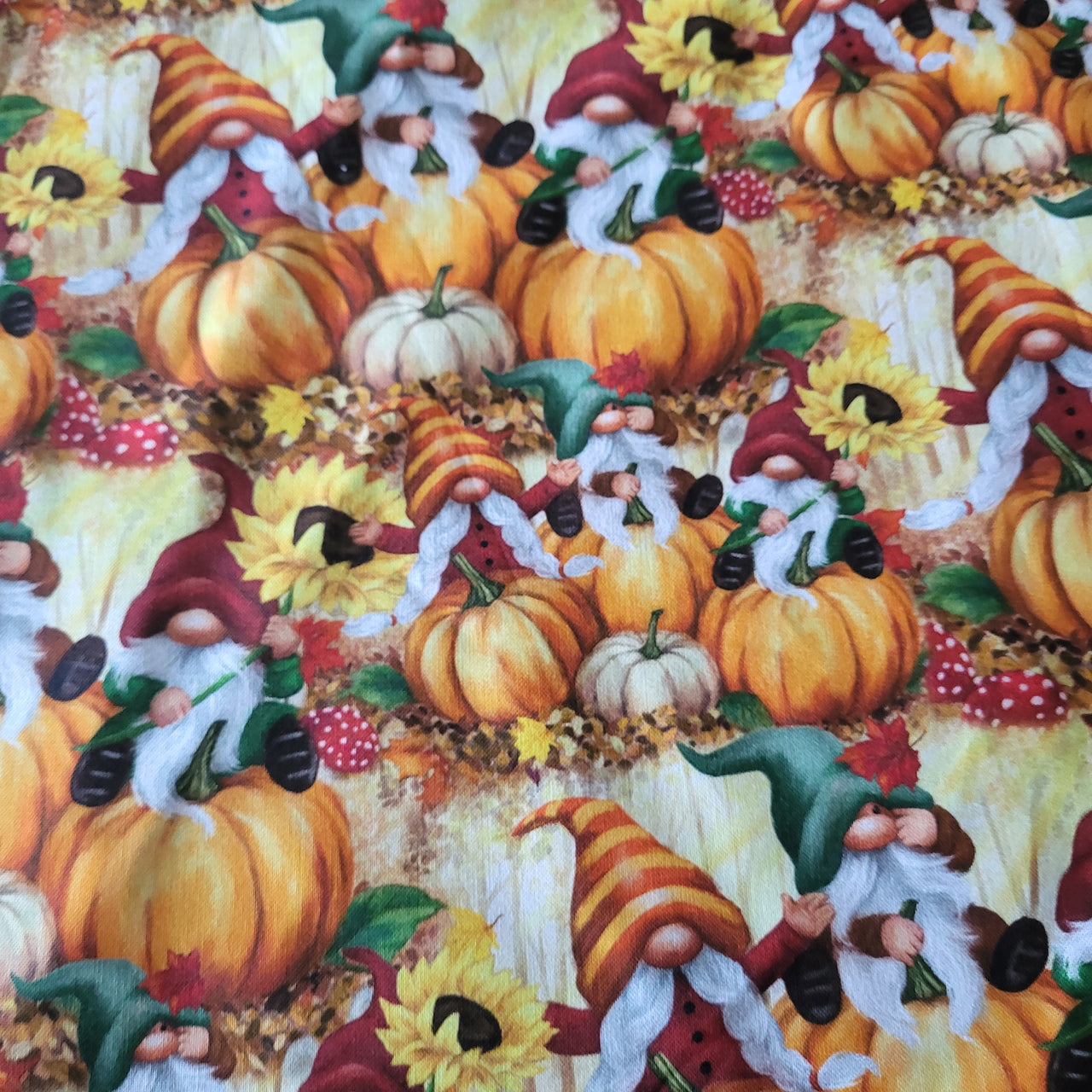 Gnomes Harvest cotton sewing quilting fabric bhy x 43" w pumpkins sunflowers
