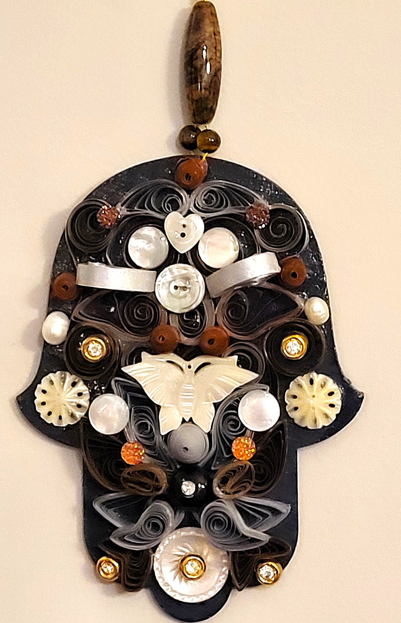 Mixed media metallics Mother of Pearl Hamsa or Hand Butterly