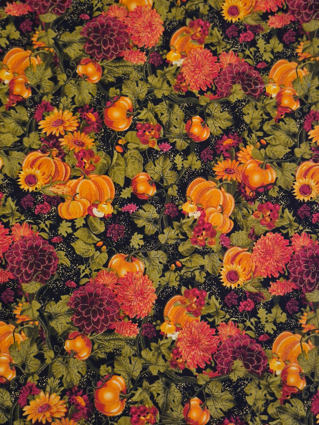 Fall Harvest sew quilt cotton fabric BHY x 43" mums pumpkins flowers metal gold