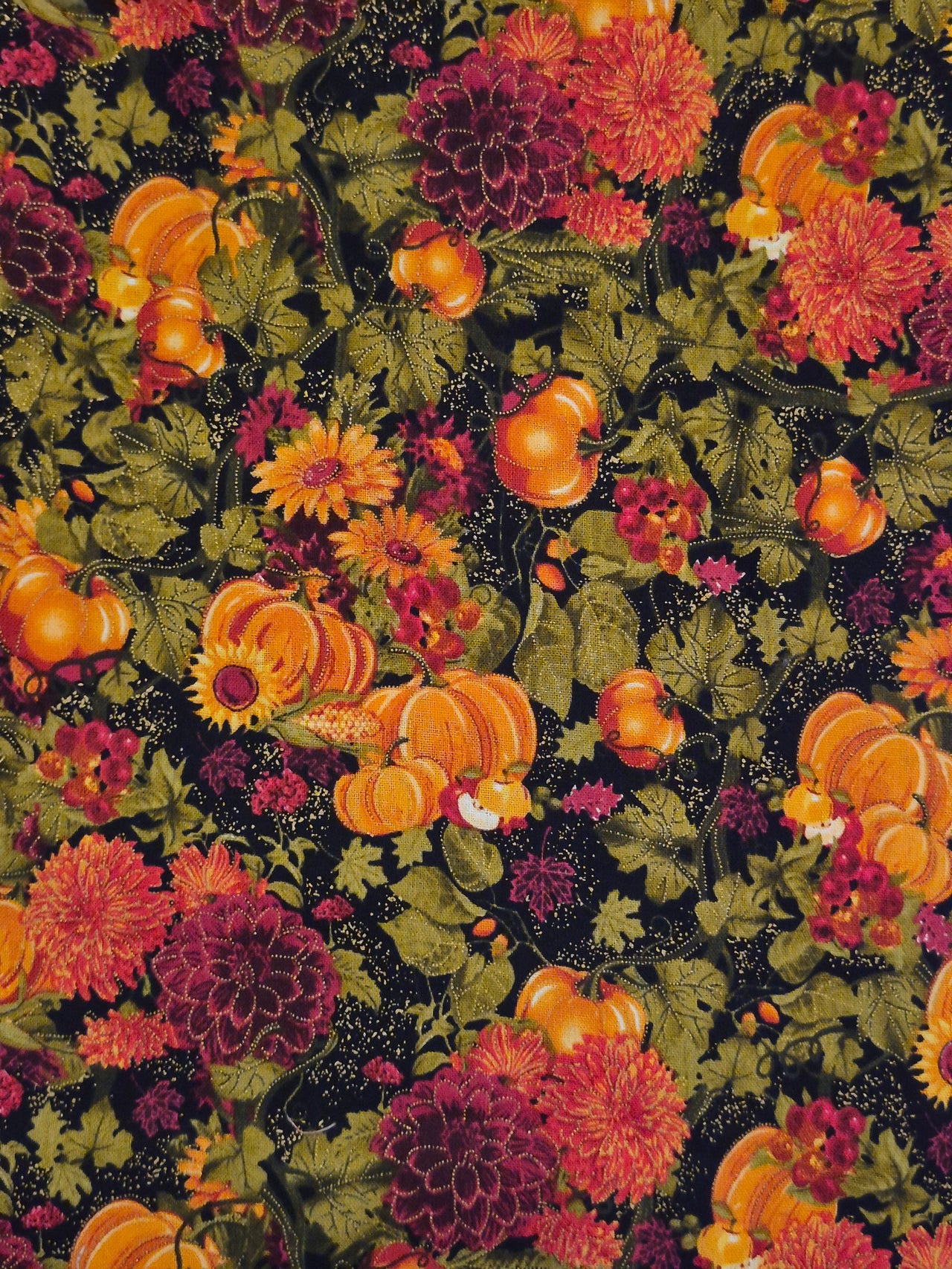Fall Harvest sew quilt cotton fabric BHY x 43" mums pumpkins flowers metal gold