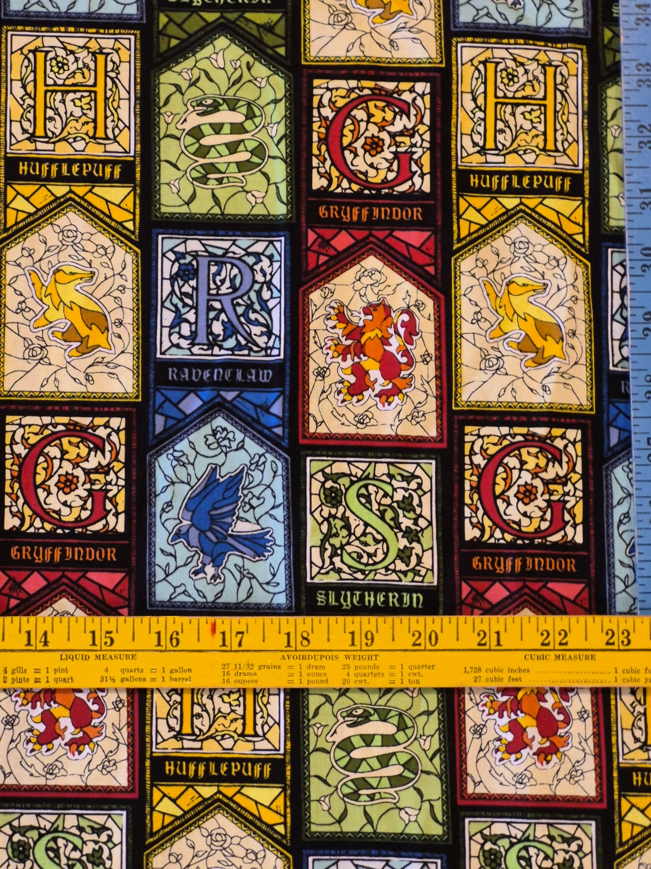 Harry Potter Hogwarts houses stain glass cotton sew quilt fabric BHY x 44" w