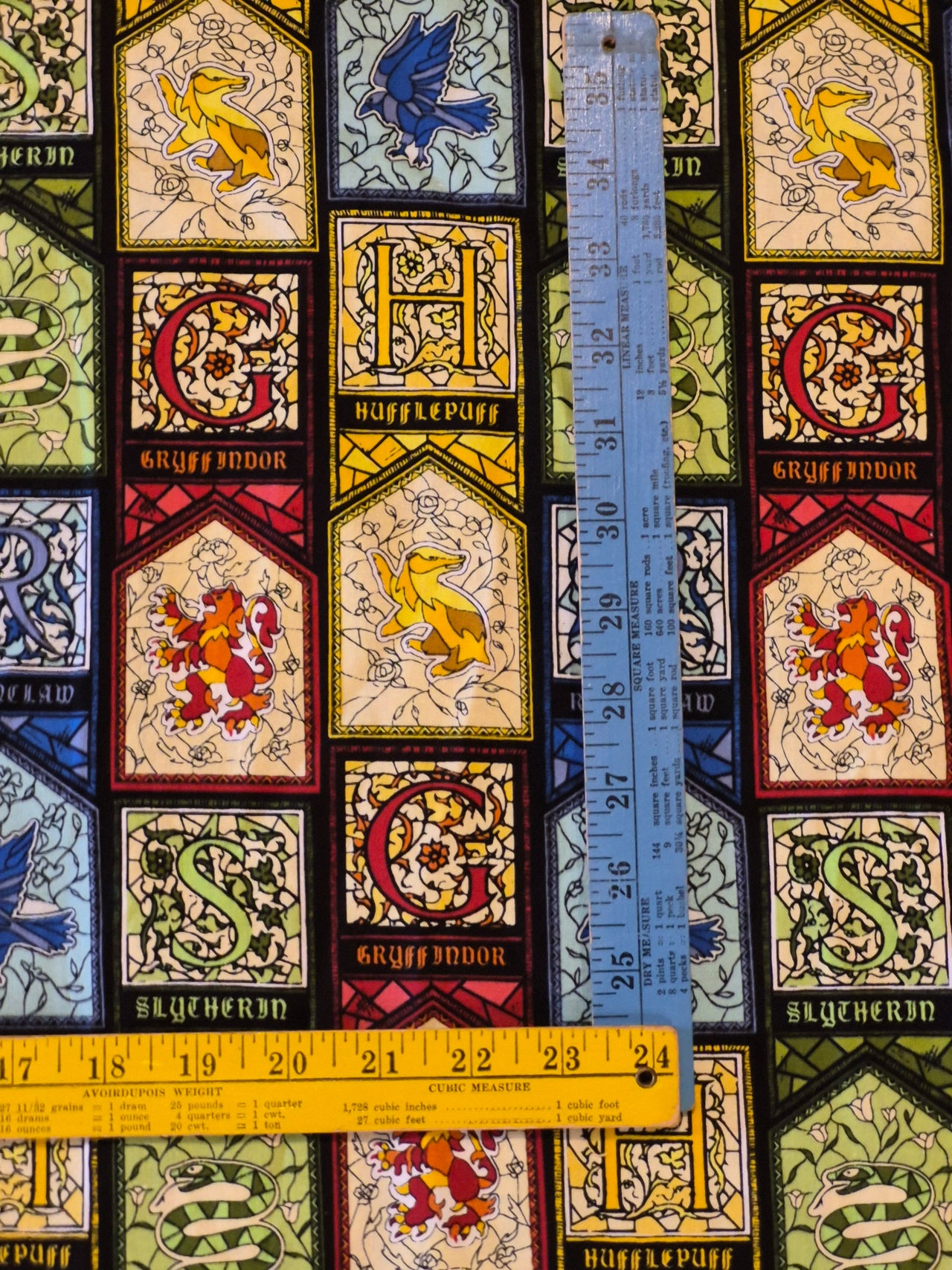 Harry Potter Hogwarts houses stain glass cotton sew quilt fabric BHY x 44" w
