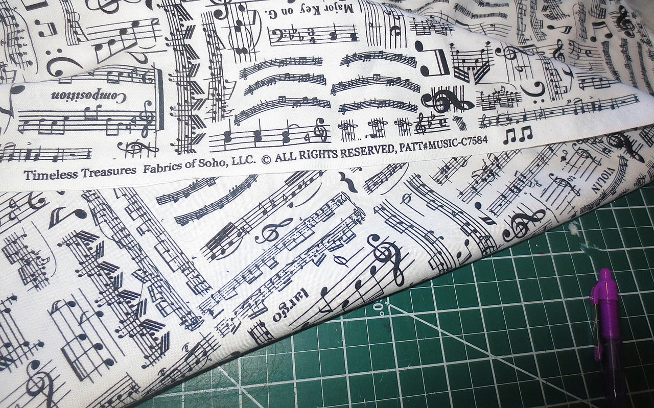 Black white musical score notes cotton quilting fabric musician instruments orchestra Timeless Treasures