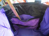purple zippered tote bag adjustable handles weather proof organizing compartments