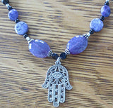 hamsa gemstone beaded purple black necklace