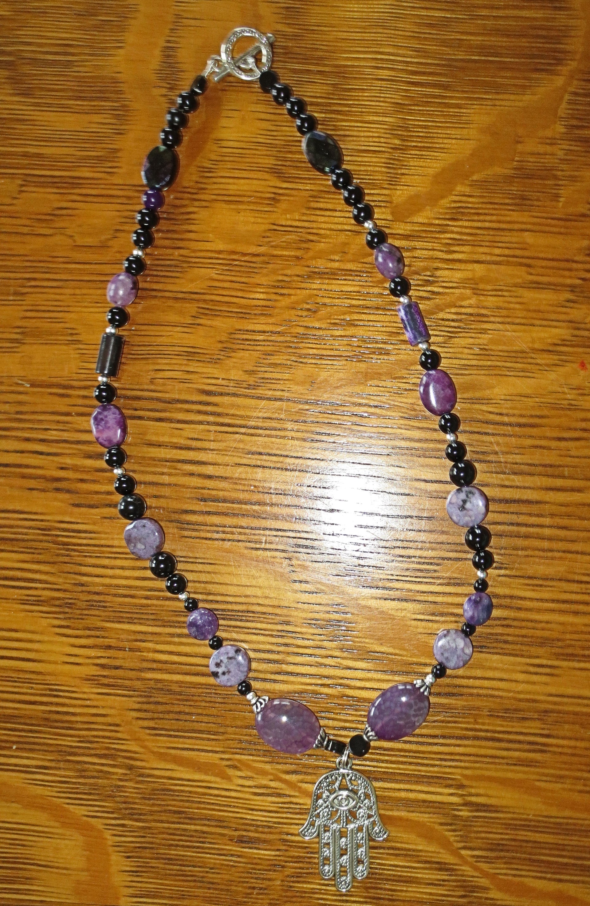 hamsa gemstone beaded purple black necklace