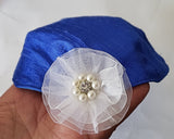 silk small kippah with accent flower pearls rhinestone royal blue / white