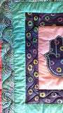 quilted hamsa wall hanging purples turquoise