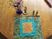 challah cover batik  gold teal green blue embroidered shabbat shalom