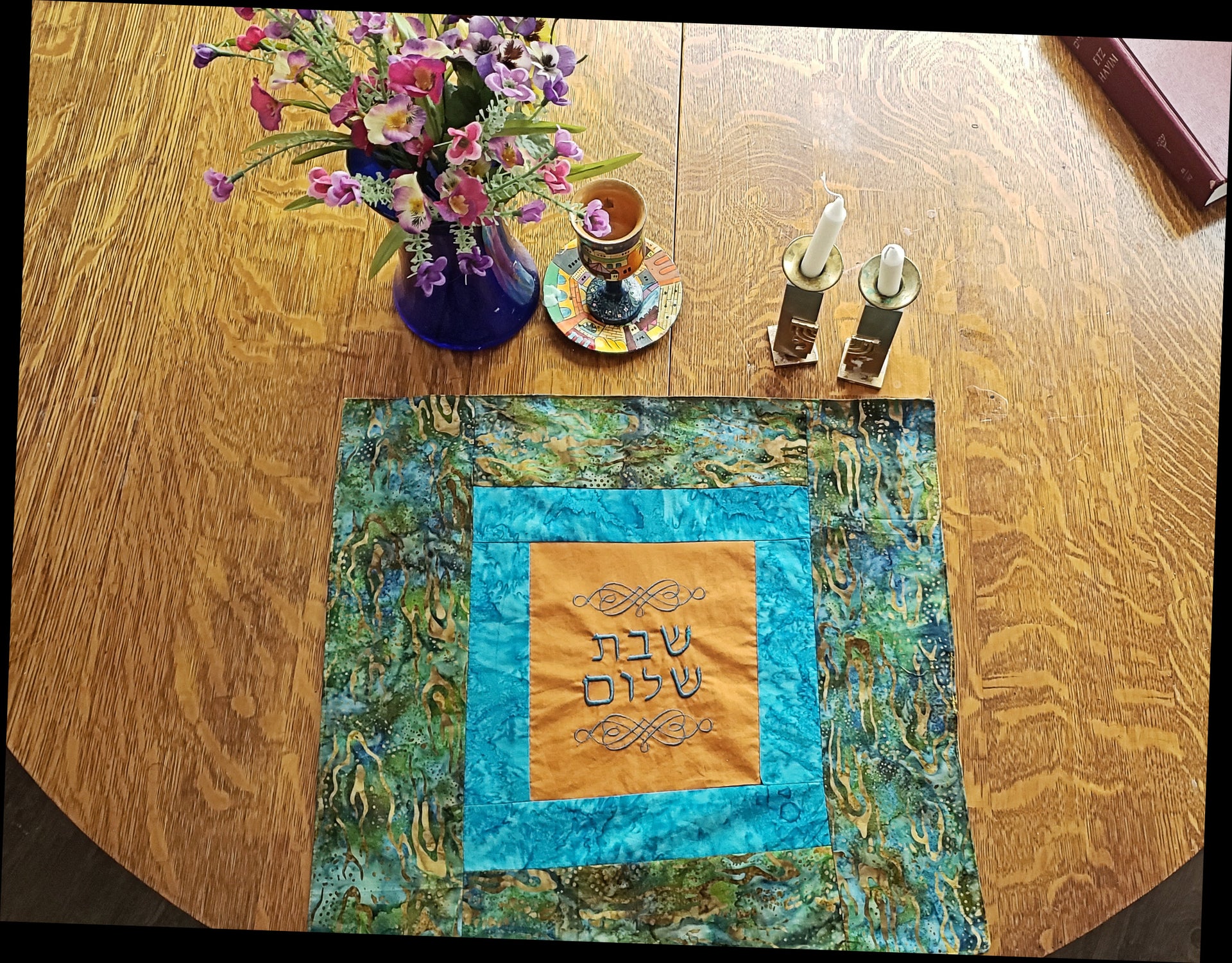 turquoise gold green batik challah cover