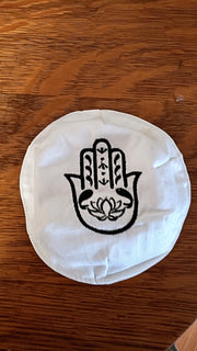 hamsa lotus flower fish embroidered kippah white / black