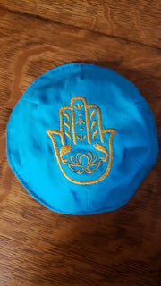 hamsa lotus flower fish embroidered kippah turquoise / gold