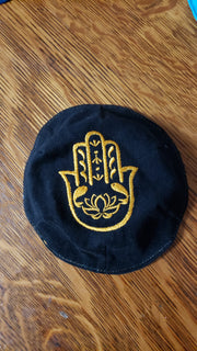 hamsa lotus flower fish embroidered kippah black / gold