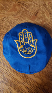 hamsa lotus flower fish embroidered kippah royal blue / gold