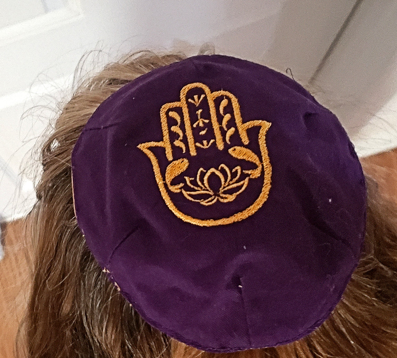 hamsa lotus flower fish embroidered kippah purple / gold