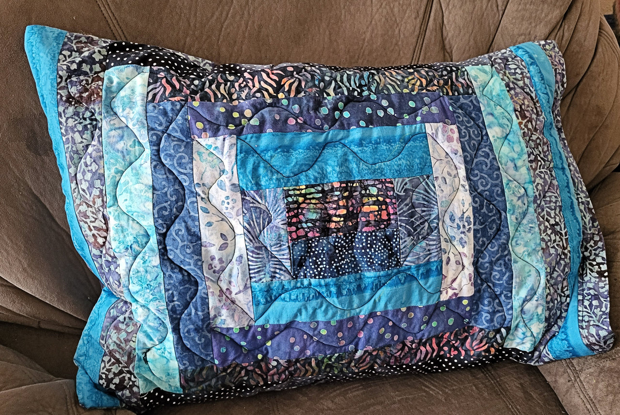 Batik blues quilted extra large pillow cover