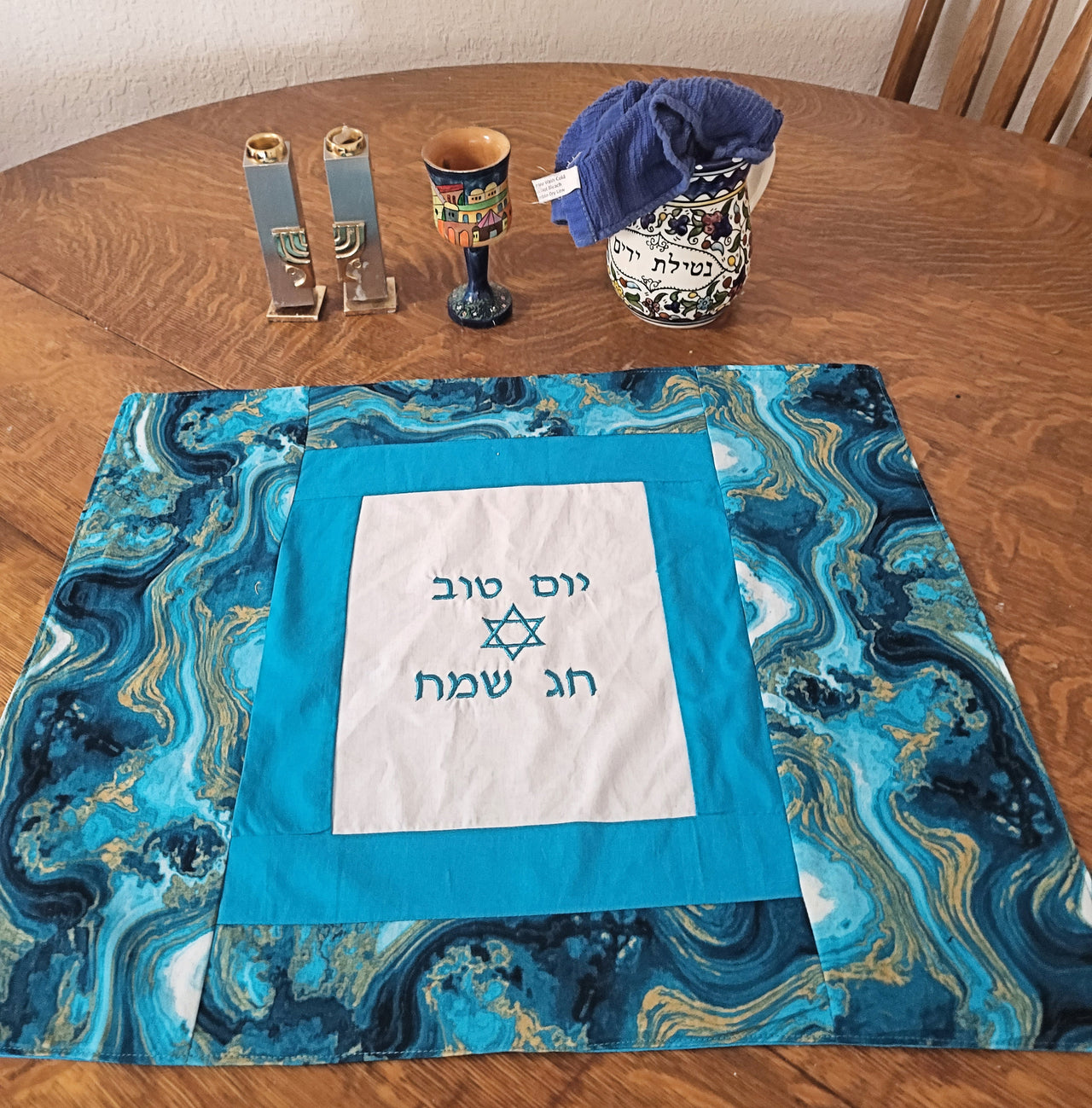 Turquoise Yom Tov embroidered Challah cover gorgeous geode design