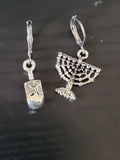 Hanukkah or Chanukah simple silver earrings Menorahs and Dreidels