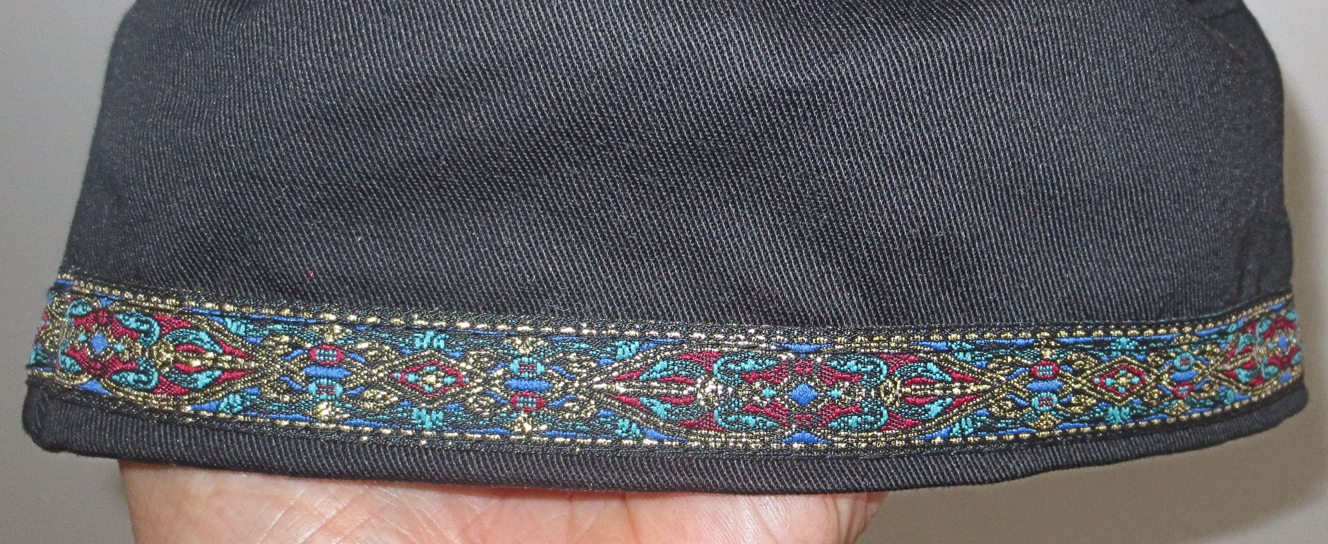 bucharian kippah with tapestry trim sephardic hat style yarmulke