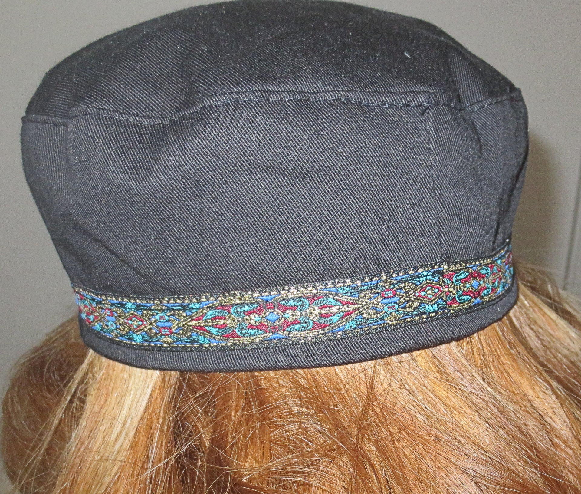 bucharian kippah with tapestry trim sephardic hat style yarmulke