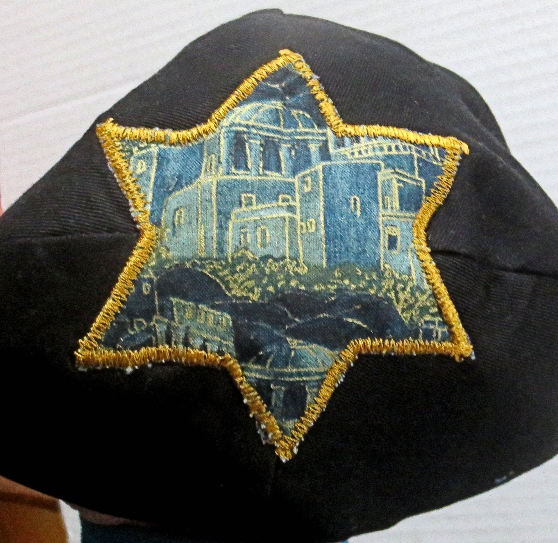 star of david kippah or yarmulke green gold jerusalem / black