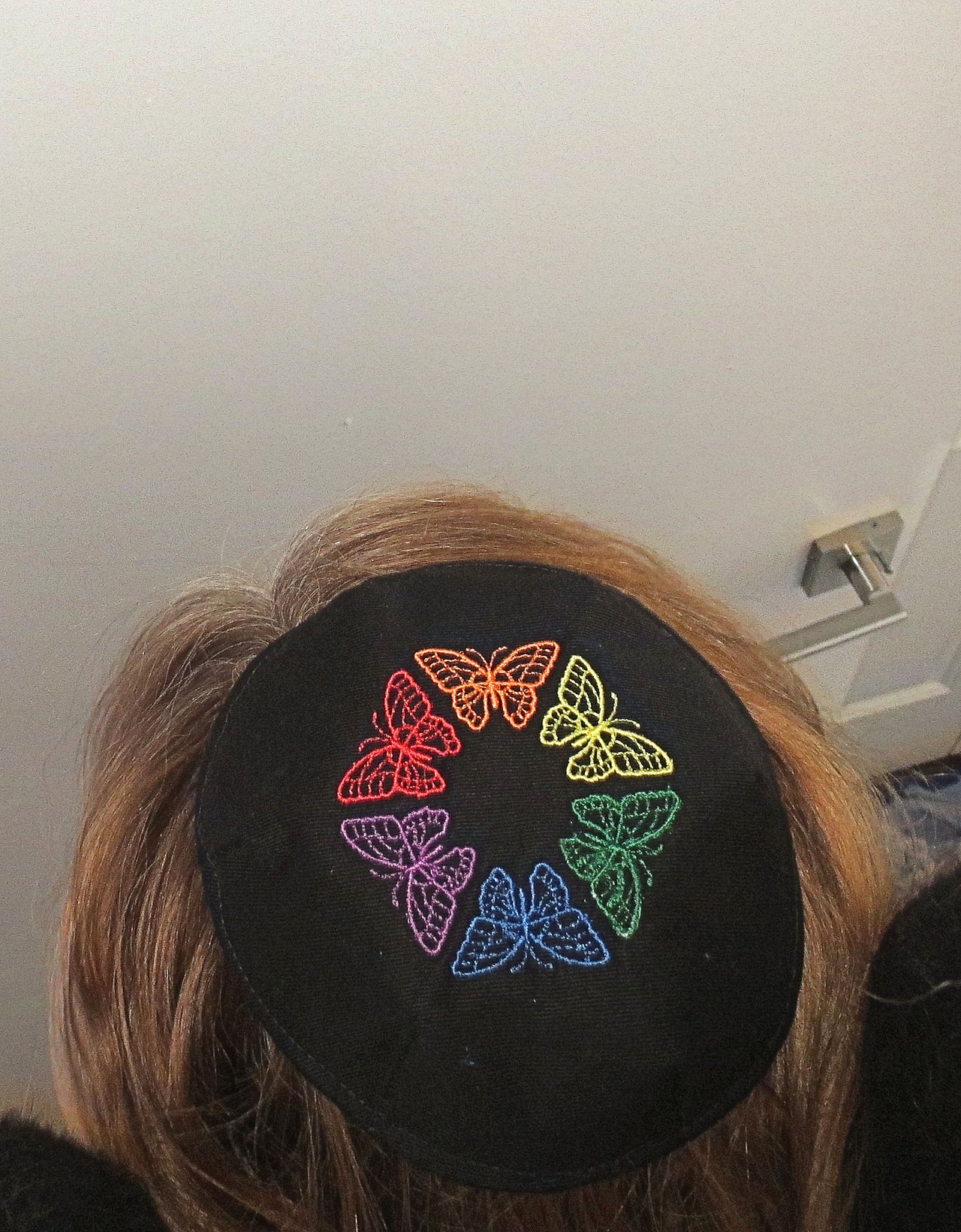 colorful butterflies small embroidered kippah saucer / small kippah / black