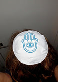 hamsa with evil eye embroidered kippah great design yarmulke white / turquoise