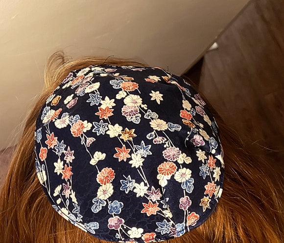 patterned silk small or saucer kippah navy blue with flowers