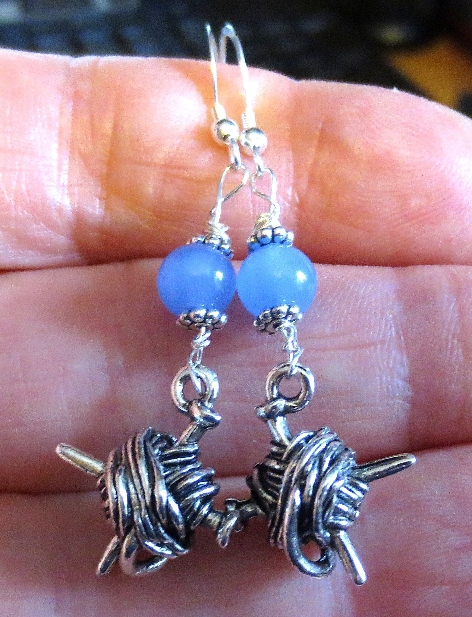 knitting theme silver earrings -- plain or with gemstones -- yarn with needles blueonyx / sterling silver wires / knitting charm