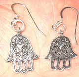 hamsa hand earrings  chamesh or hand of fatima silver charm jewelry hamsa with heart / regular sterling ear wires