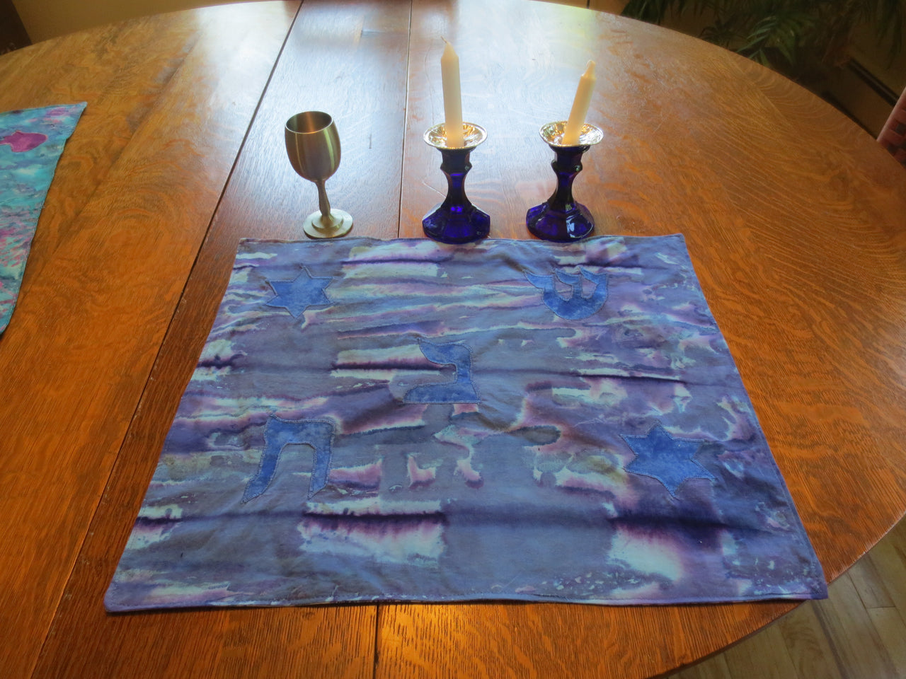 Batik Blue Purples Challah cover Shabbat Hebrew