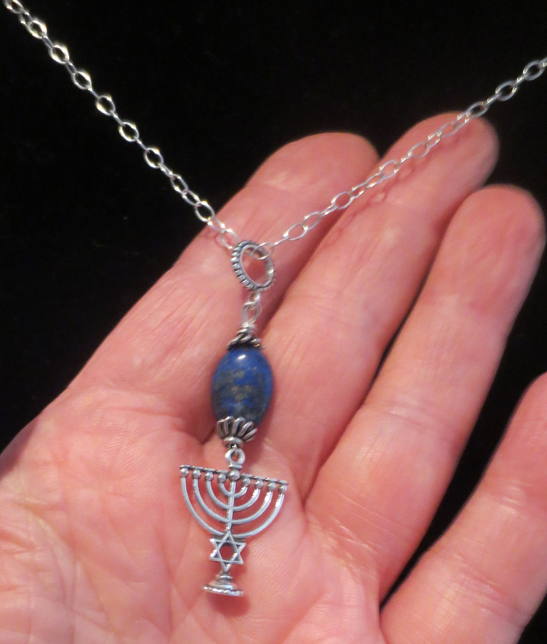 hanukkah menorah with beautiful gemstone pendant all sterling silver