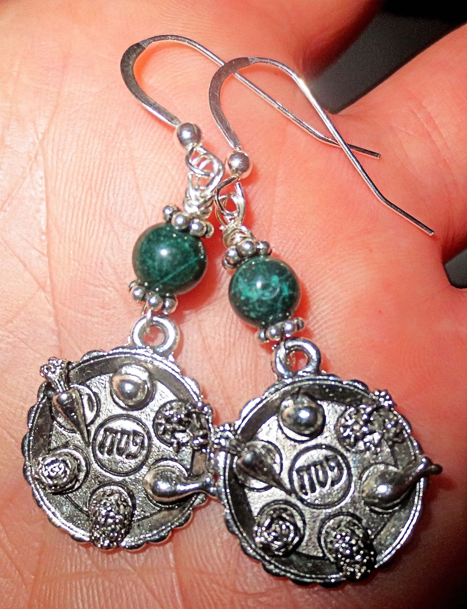 passover gemstone silver charm earrings seder plates, matzo, haggadah, jerusalem star seder plates / green jasper / regular sterling earwires