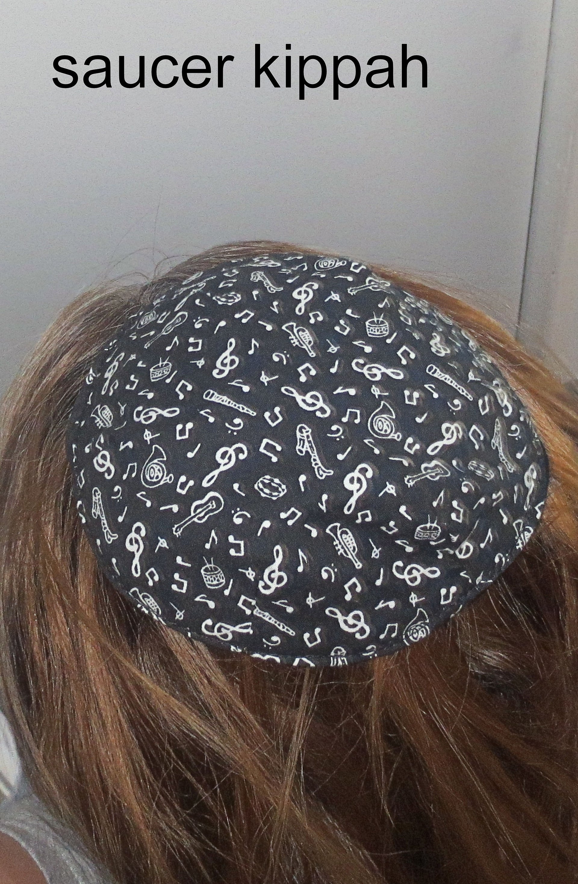 saucer kippah reversible yamaka music theme musical instruments white notes instruments on black