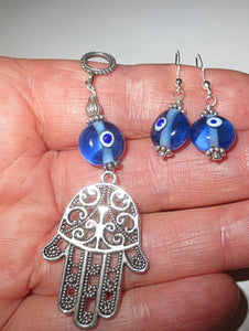 hamsa with evil eye pendant plus matching evil eye earrings sterling silver regular ear wires