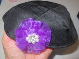 silk small kippah with accent flower pearls rhinestone black / deep purple