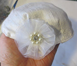 silk small kippah with accent flower pearls rhinestone white / white
