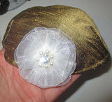 silk small kippah with accent flower pearls rhinestone gold / white