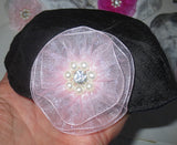 silk small kippah with accent flower pearls rhinestone black / light pink