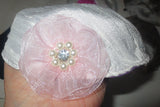 silk small kippah with accent flower pearls rhinestone white / light pink
