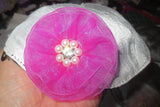 silk small kippah with accent flower pearls rhinestone white / bright pink