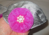 silk small kippah with accent flower pearls rhinestone silver / bright pink