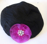 silk small kippah with accent flower pearls rhinestone black / bright pink